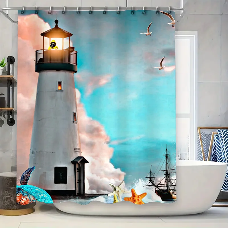 Lighthouse-themed shower curtain with seagulls, ships, starfish, and fish designs for a marine-inspired bathroom decor