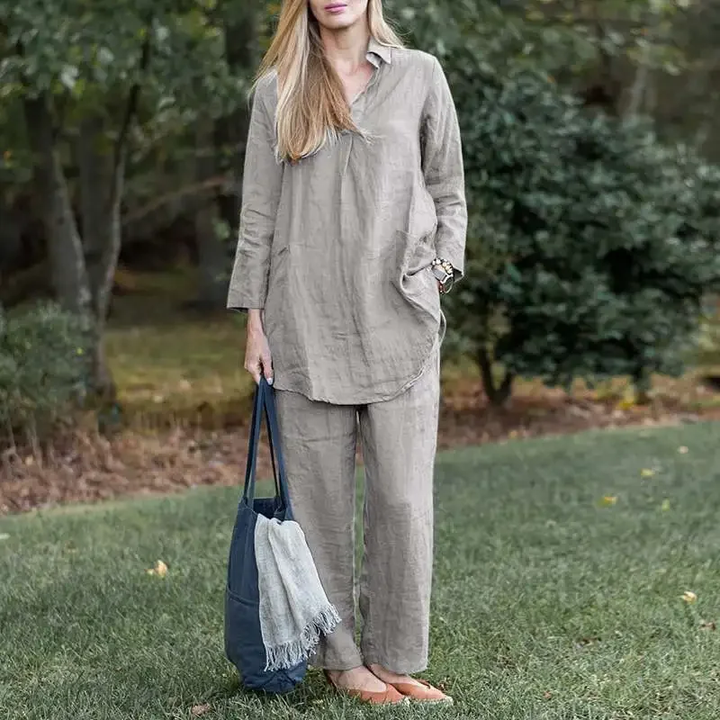 Conjuntos de vestidos para mujer, camisa holgada de manga larga con solapa, pantalones de pierna ancha, traje Retro informal elegante de Color sólido