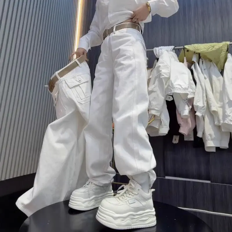 2026 Spring New Korean Style White Narrow Version Jeans Women High Waist Slimming and Versatile Wide Leg Crooked Pants