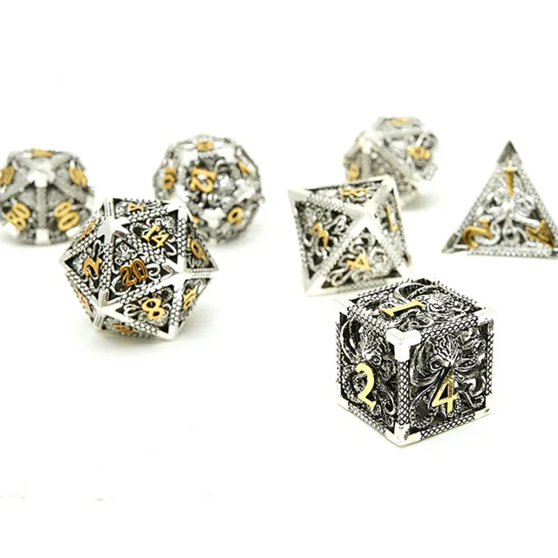 MINI PLANET Hollow Metal Dice Set DND Octopus Polyhedron Dice RPG Board Game Pathfinder Metal Dice D4 D6 D8 D0 D% D12 D20 Dice