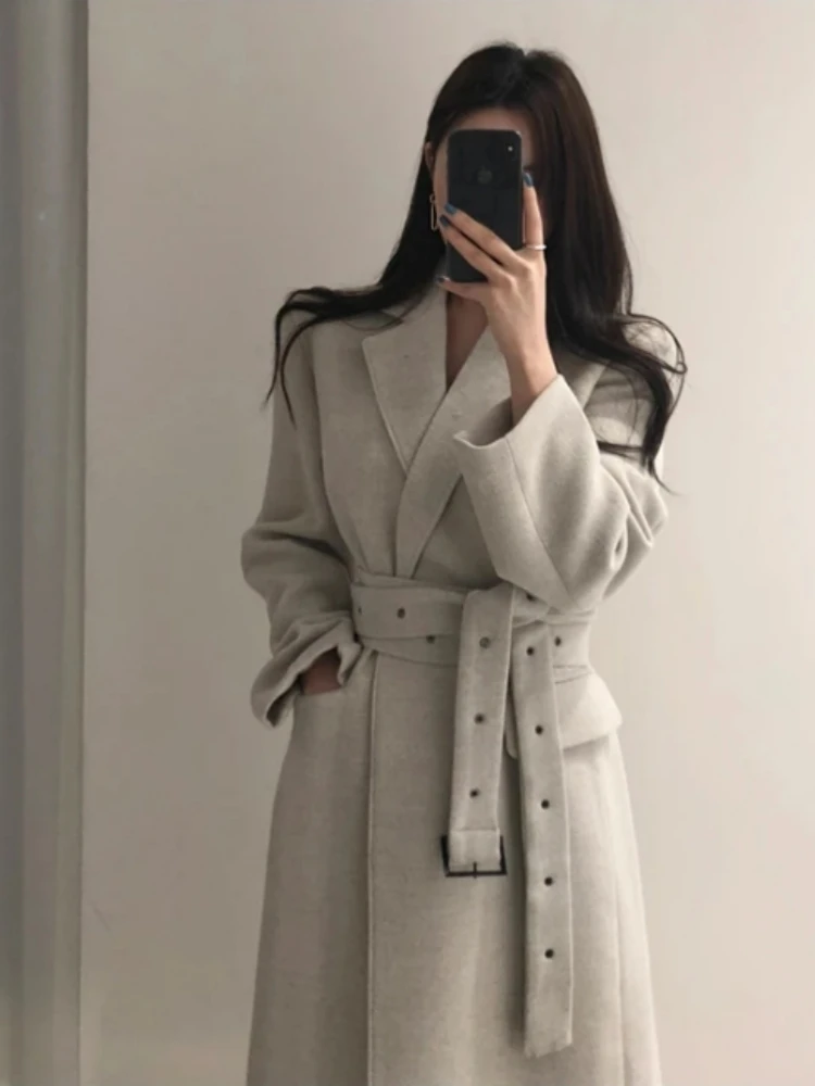 

High Qulity Thicken Women Coats Winter Woolen Coat With Long Belt Office Lady Fashion Lace Up Outerwear