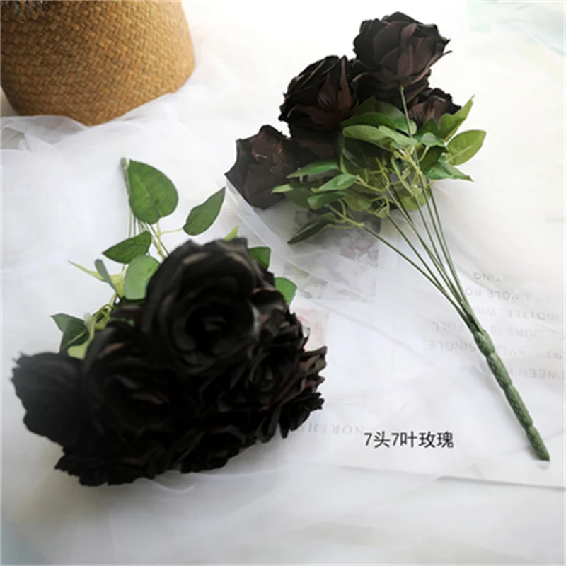 Black artificial flowers Beauty And Beast Rose fake flower head bouquet wedding party home decorative flores plants artificiales