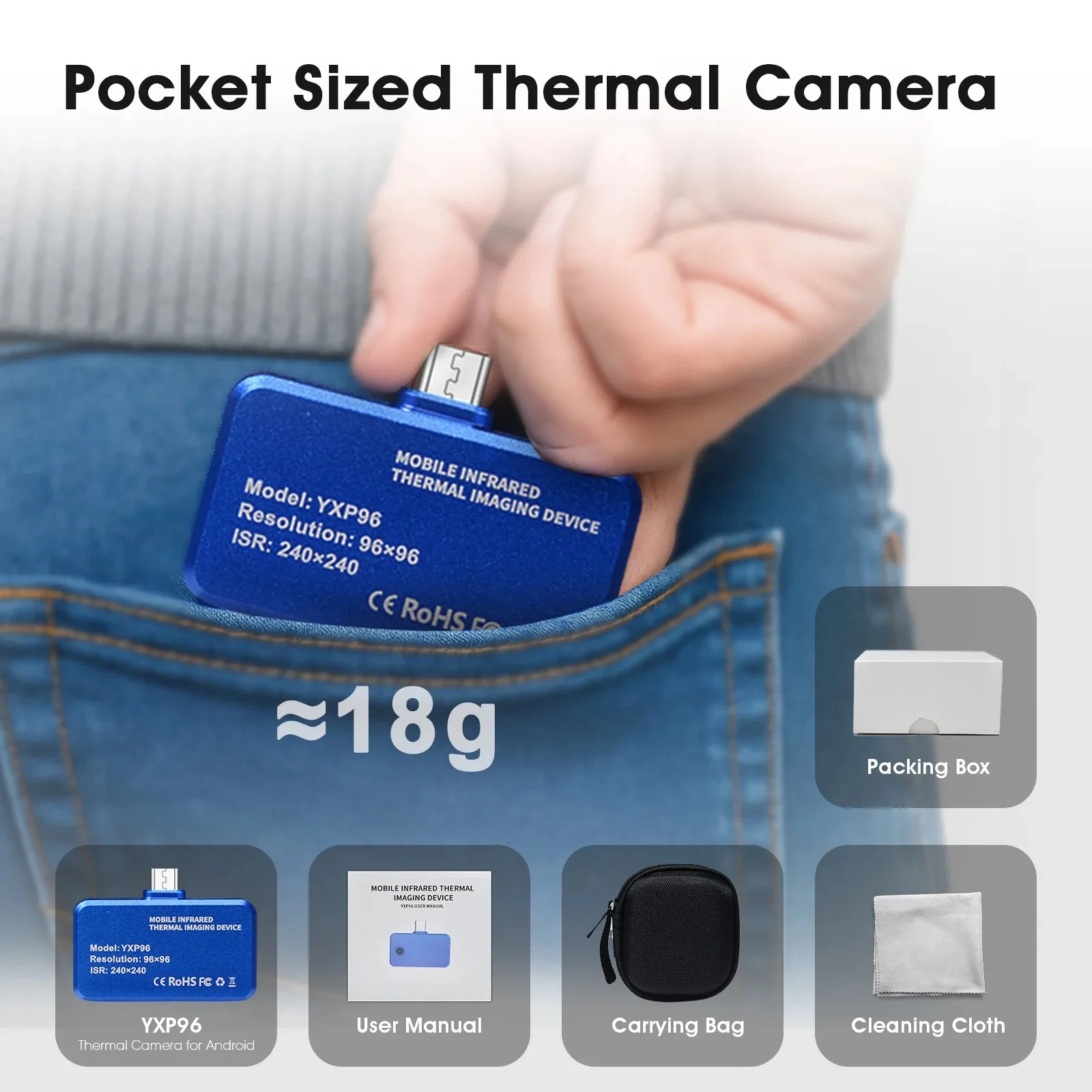 Phone Thermal Imager Infrared Camera 96x96 25Hz -20~550°C Type‑C for Industrial Electrical HVAC Automotive Inspection