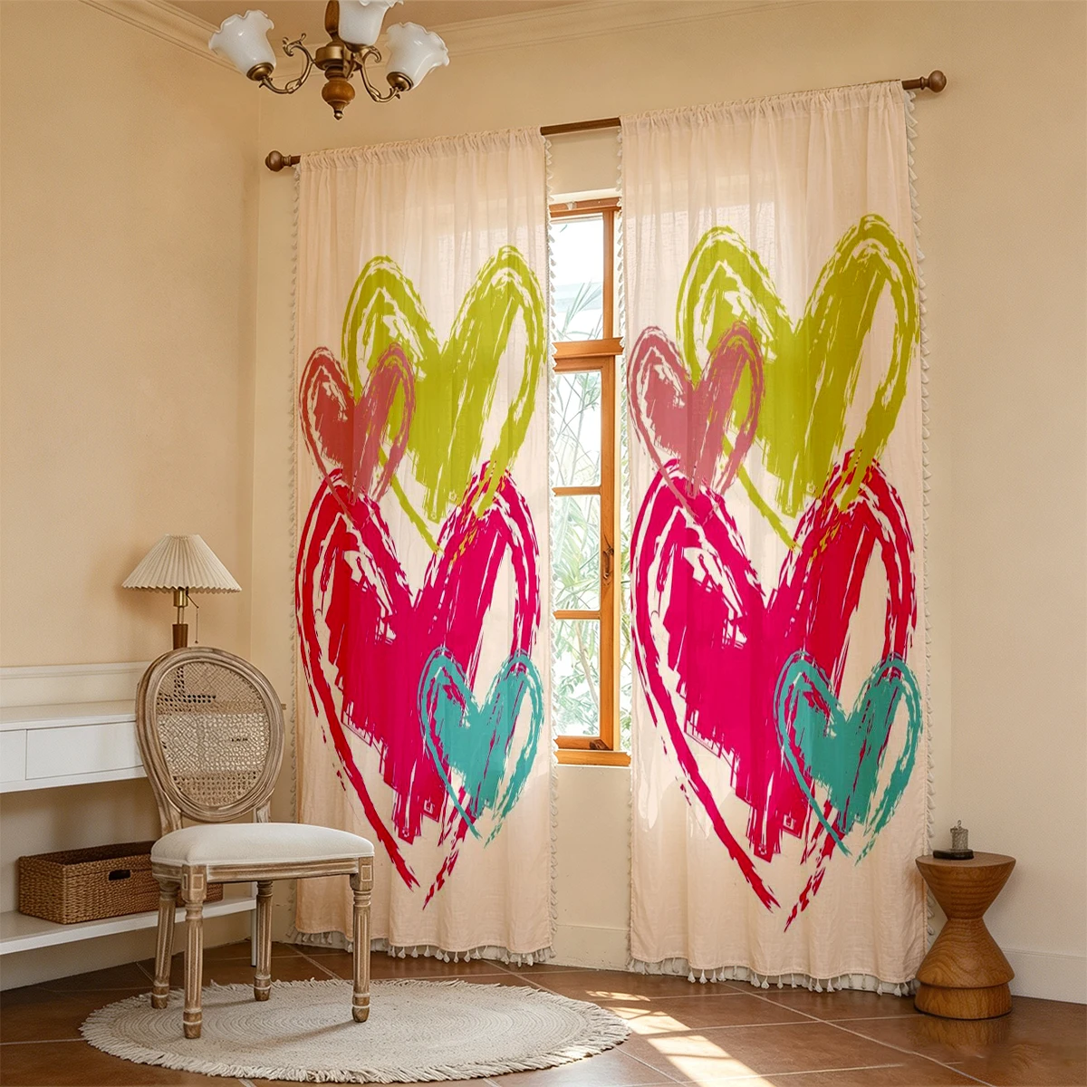 1PC Cartoon Tassel Sheer Curtain, Colorful Doodle Hearts, Digital Print, Linen Polyester, Bedroom Living Room, Home Decor