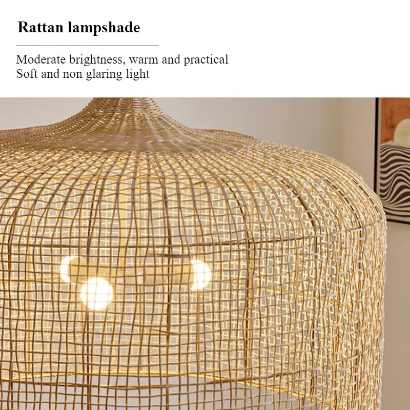 SANDYHA Japanese Retro Rattan Pendant Lights Restaurant Chandelier for Living Room Dining Table Lighting Fixture Home Decoration