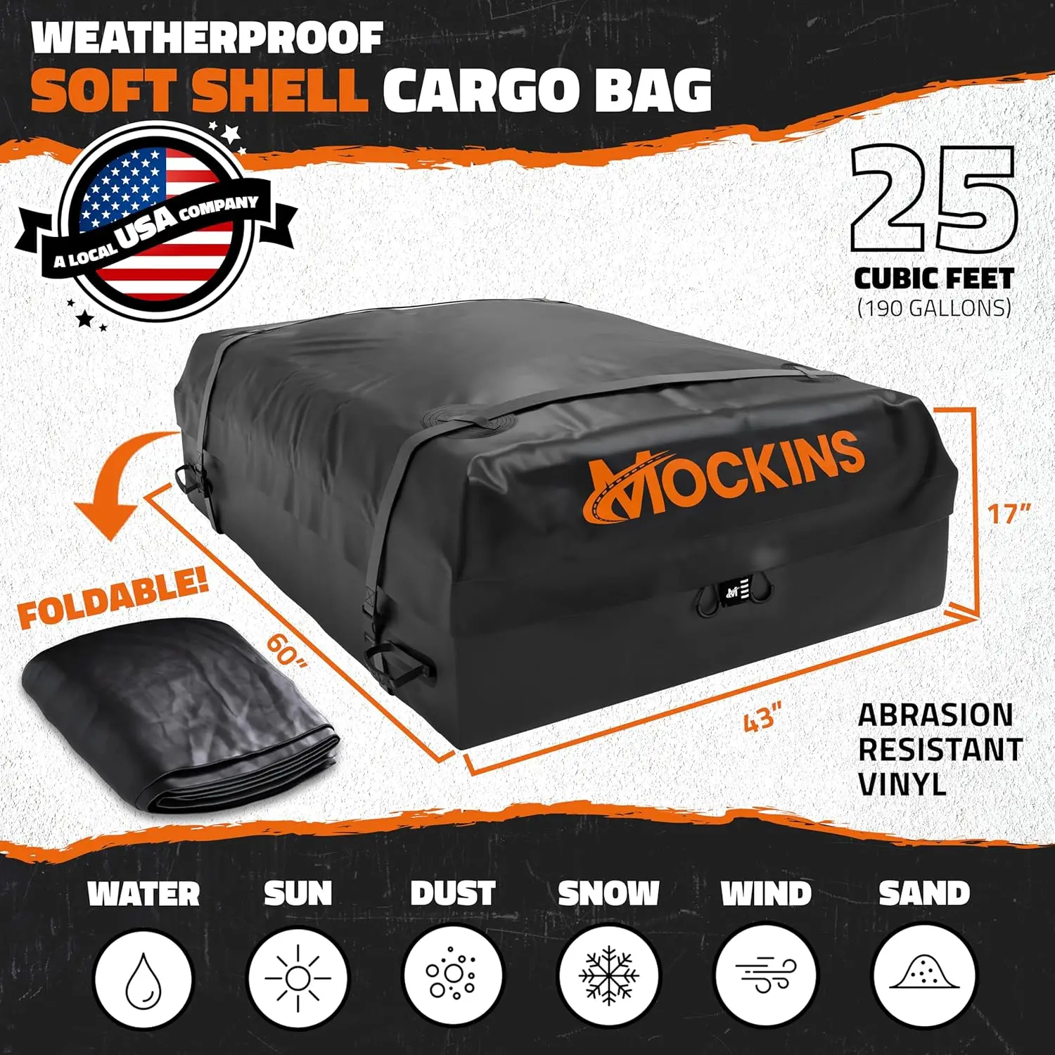 25 CuFt Waterproof Rooftop Cargo Carrier Bag,60"x43"x17",All-Weather 500D Soft-Shell Vinyl Car Top Carrier with Roof Mat, Lock - Image 3