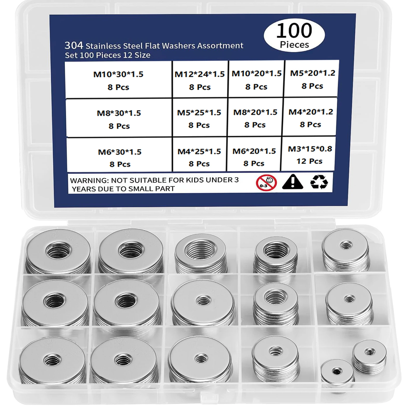 18-8(304) Stainless Steel Fender Washers, Flat Washers for Screws and Bolts, 100 Pieces Metal Washers Kit (12 Sizes M3-M12), Ass
