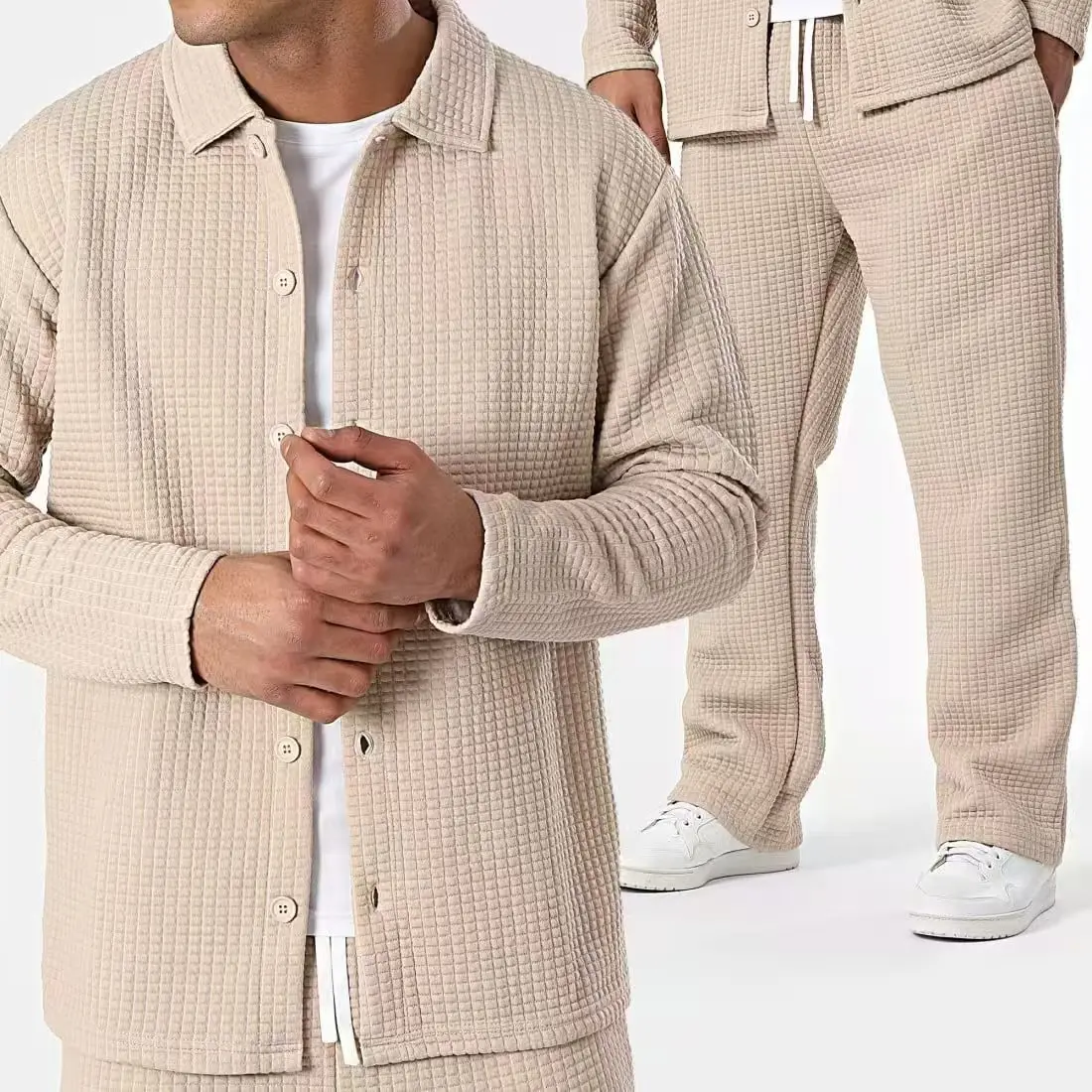 Terno simples de lapela waffle masculino com calça com cordão, top monocromático, nova moda, outono, inverno, 2022