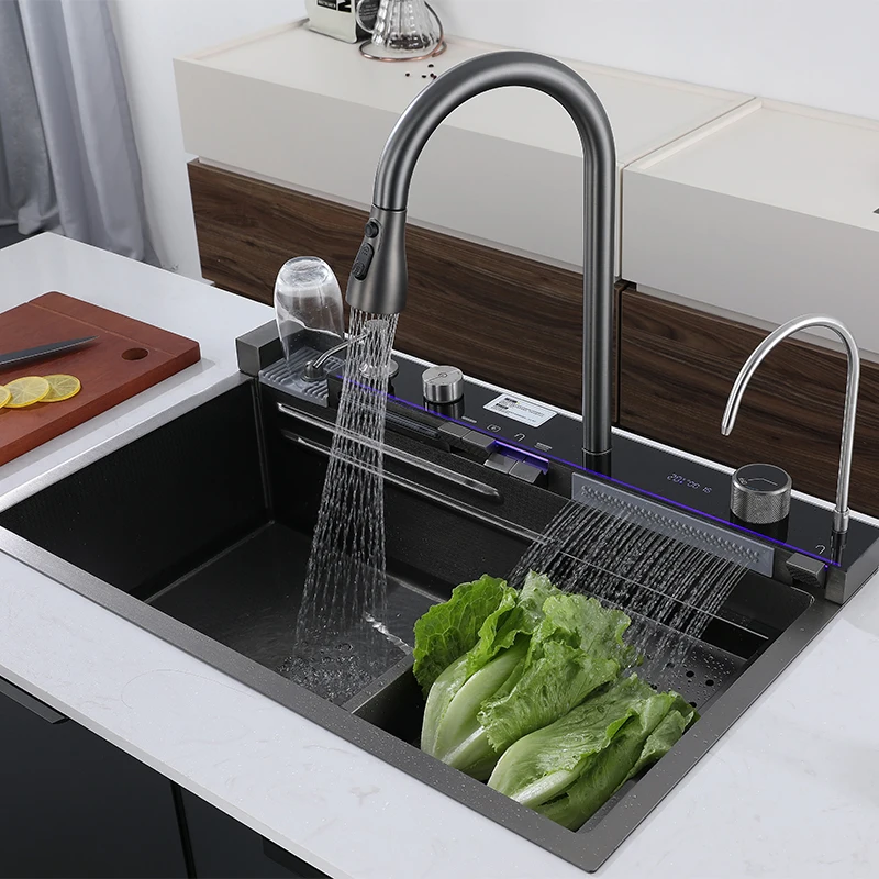 

2023 New trend Tiktok smart kitchen sink with waterfall digital piano key 304 stainless steel multi-functional kitchen sinks