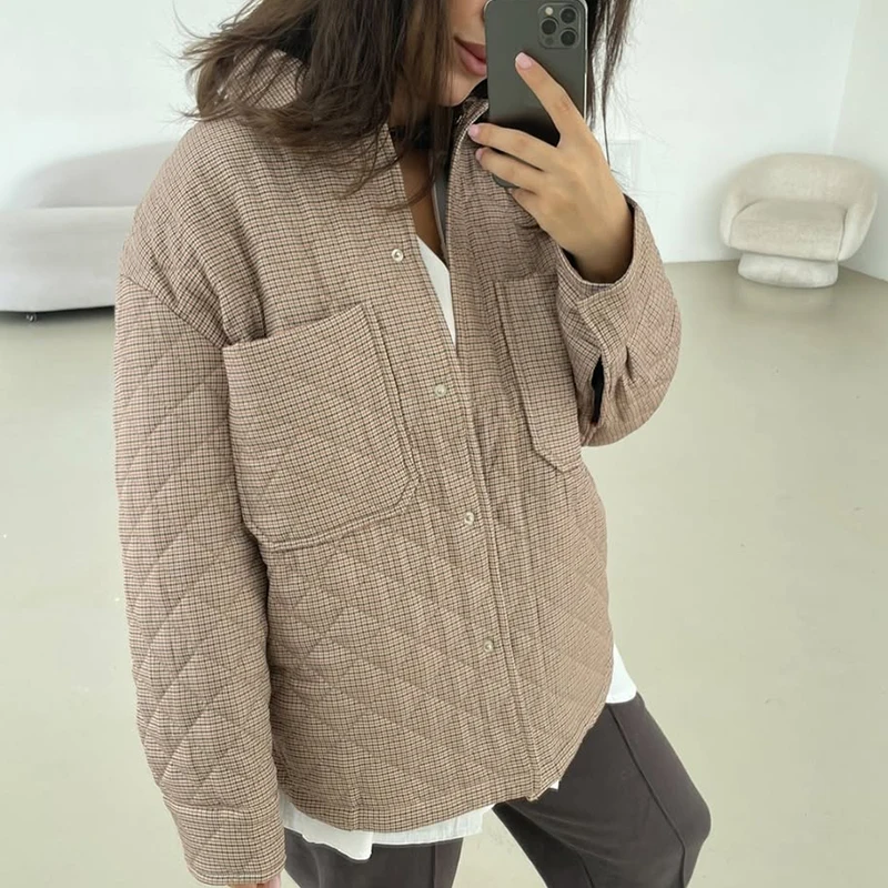 

Winter Coat for Women Long Parkas Woman New In Plaid Longsleeve Turndown Collar Women's Winter Parka Losse Female Coat