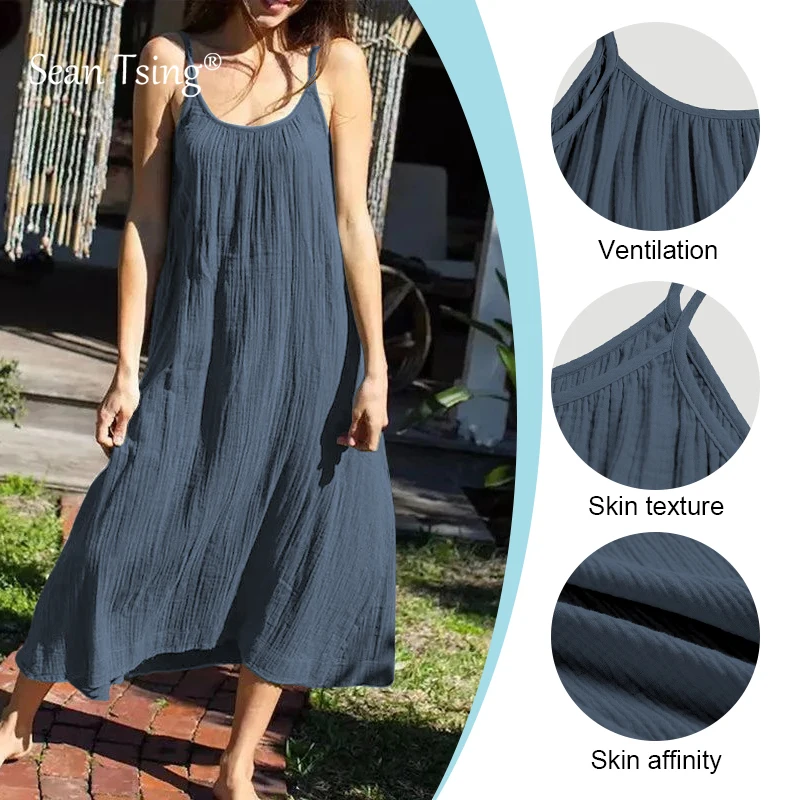 Vestido de verão feminino vintage macio tecido crepe de dupla camada 100% algodão verde azul simples básico versátil vestido de alta qualidade