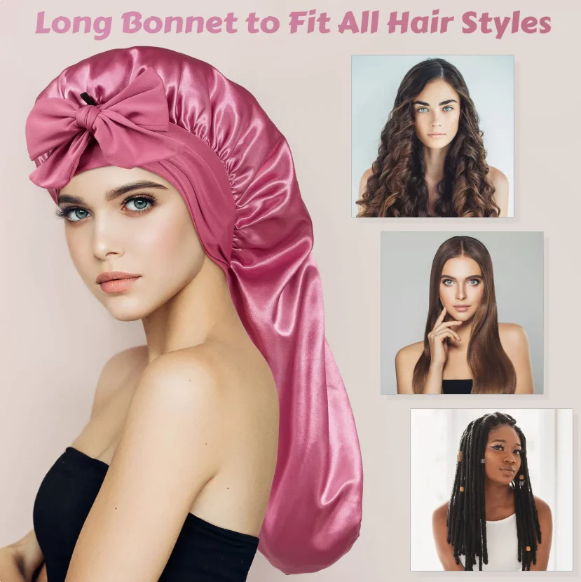 High-density satin faux silk sleeping cap for women, wearable during bedtime and matchable with headbands. Roomy oversized desig