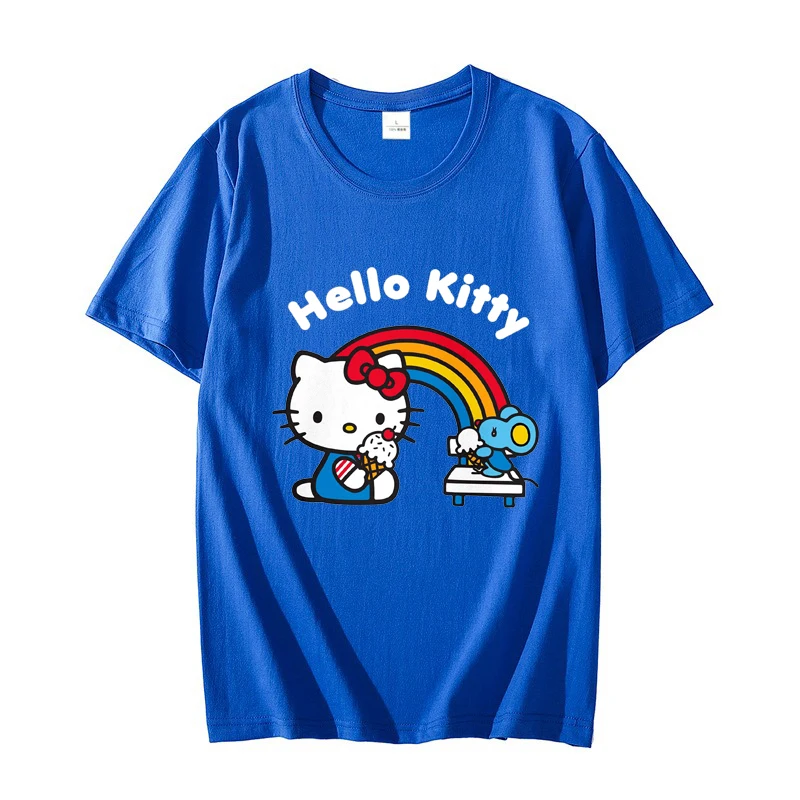 Hello Kitty Ice Cream Party Men T-shirt Summer Short Sleeve Women Tee Shirts 100% Cotton 2025 New Fashion Couple Clothes Tops