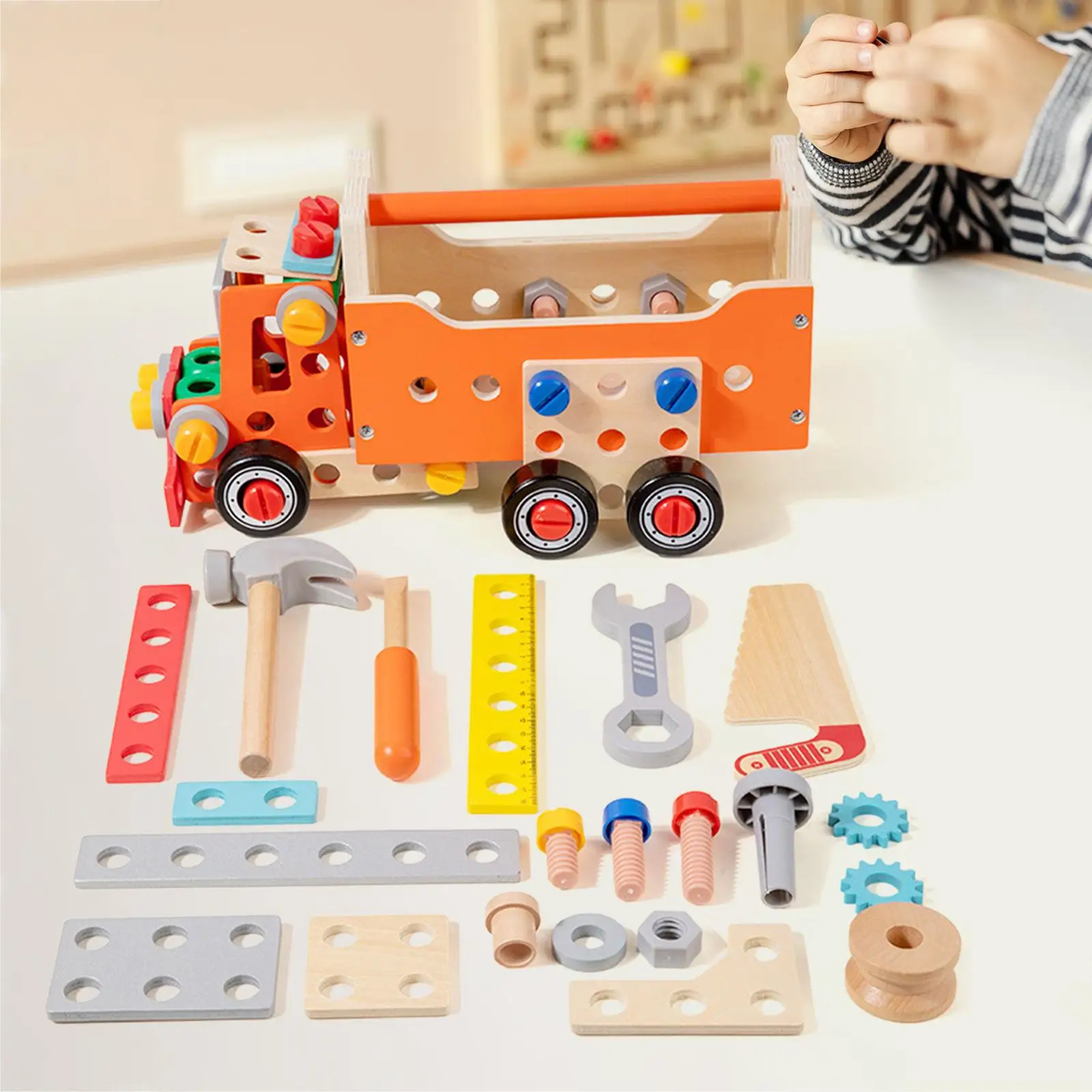 

Wooden Tool Set for Kids Fine Motor Skill Tool Cart Learning Toy Montessori Construction Toy for for 3 4 5 6 Year Old Boys Girls