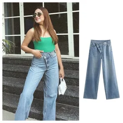 PB&ZA2024 Autumn New Women's Fashion  Casual  Versatile  Slim and Simple Double breasted High waisted Jeans