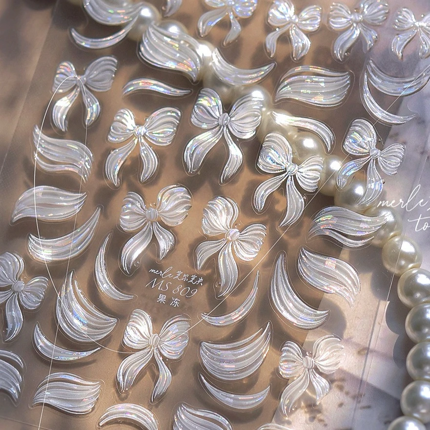 Shiny Delicate Bowknot Ribbon Jelly White Streamer Line Chic Tie Sparkle Adhesive Nail Art Stickers Manicure Decals Decorations