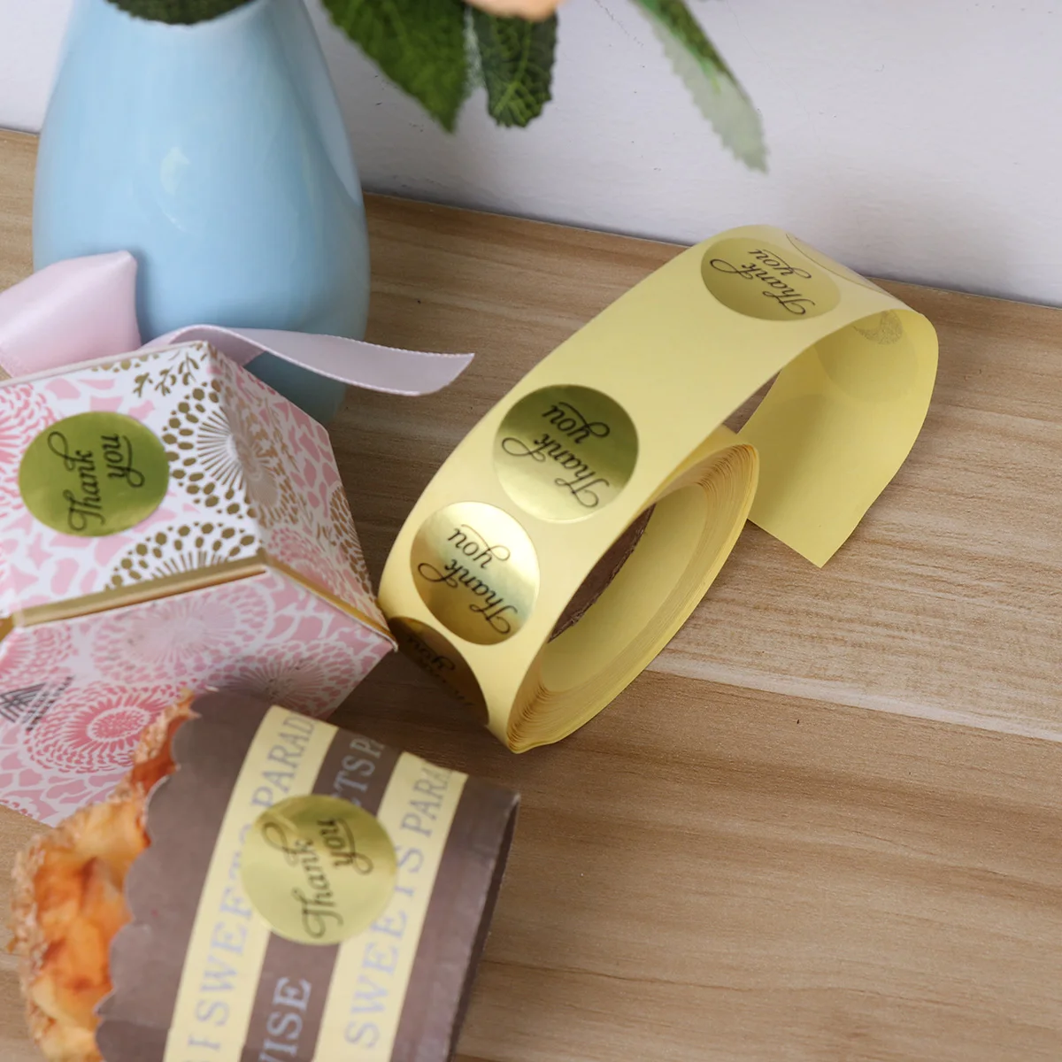 1 Roll Round Adhesive Labels Golden Hand Writing Thank You Cookie Bags Candy Bags Stickers Baking Packaging Decoration Seal