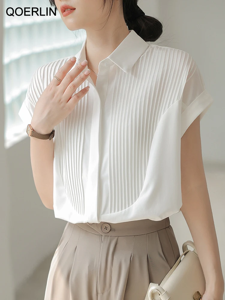 QOERLIN Summer Flying Sleeve White Shirts Women 2023 Turn-Down Collar Single-Breasted Blouse Female OL Elegant Button Up Blouses