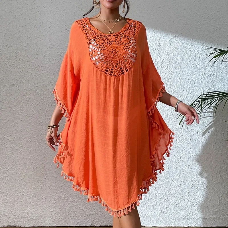 Wehello-Lente Nieuwe Bamboe Gewricht Stof Hand Haak Strand Cover Up Sexy Losse Vakantie Zonwering Shirt Bikini Cover Up