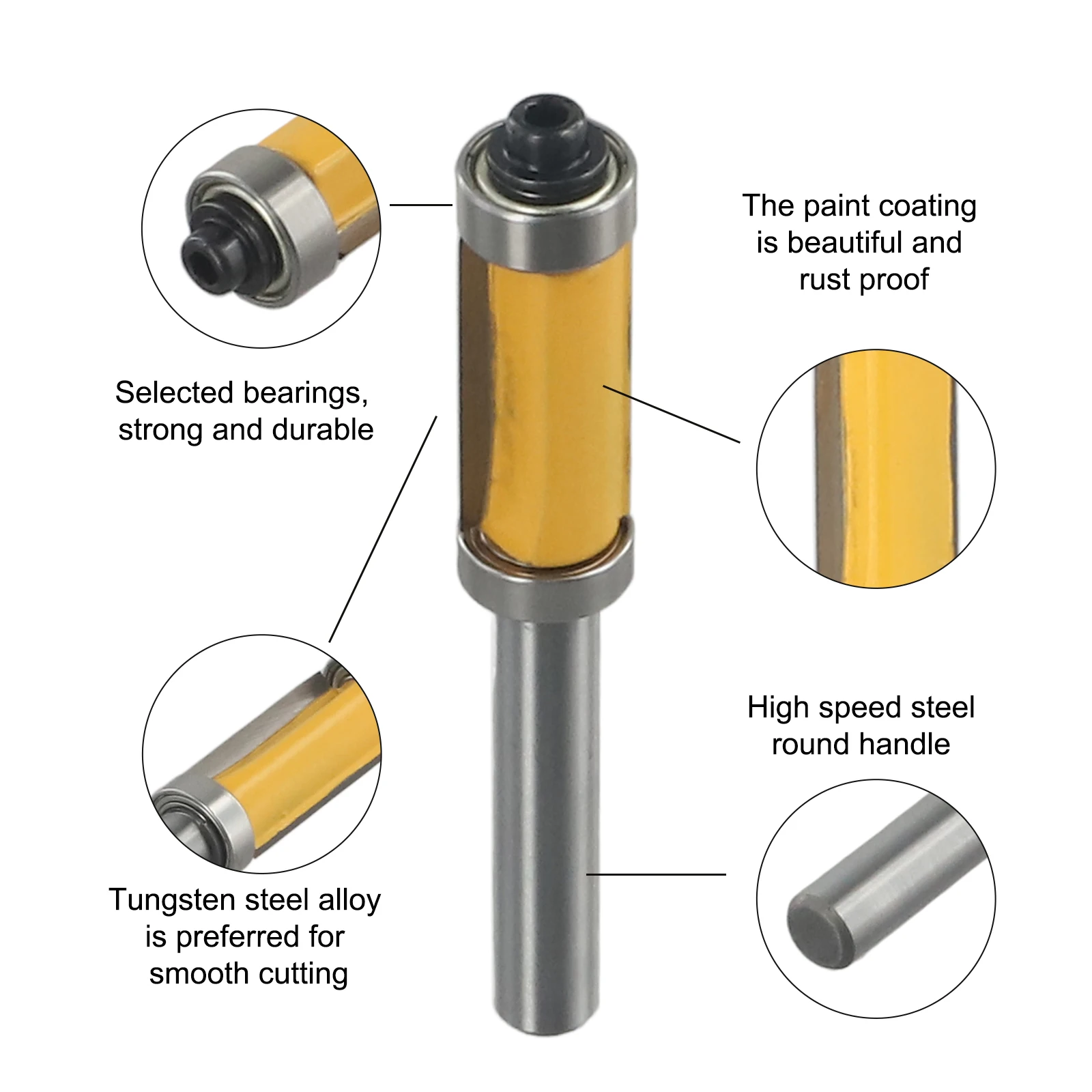 8mm Router Bit Solid Hardened Steel Straight Trim Double Bearing High-quality Milling Cutter Router Bit 8mm Shank Silver Yellow