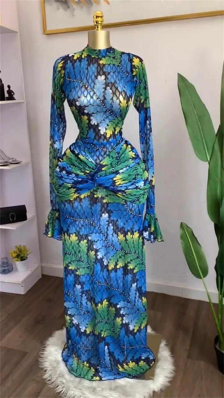 Damska sukienka bodycon z długim rękawem, wzorem liści, warstwowa, długa, na jesień 2025, wieczorowa, urodzinowa, na imprezę, seksowne sukienki, vestidos.