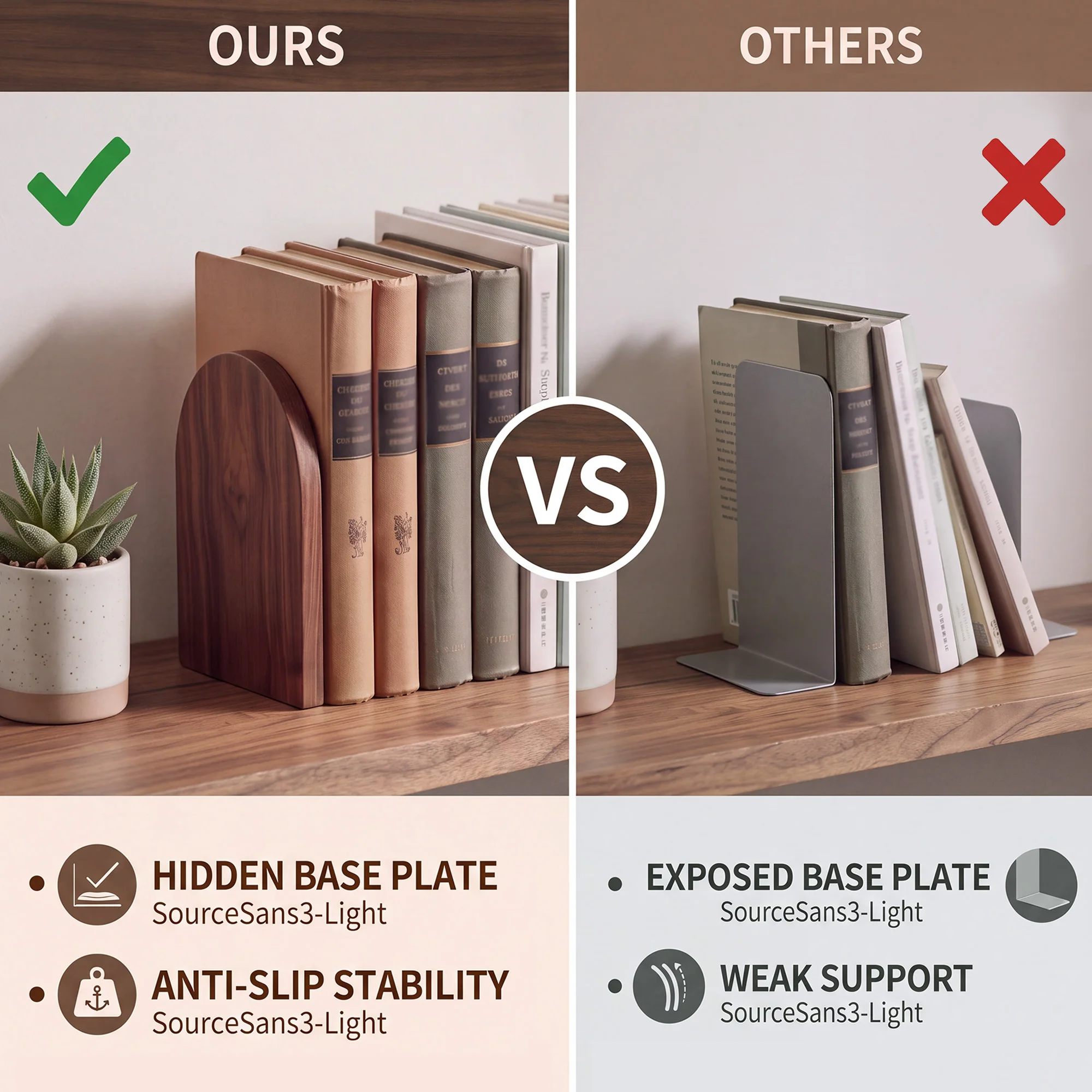 Wooden Bookends, Arch Book Stoppers for Shelves, Walnut Texture Book Holders, Anti Slip Hidden Base Book Supports for Desk Office Home Decor