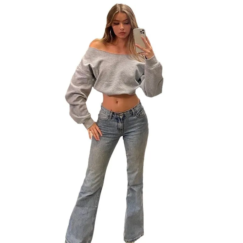 Suéter de manga comprida com gola de uma palavra, ombro de fora, doce e legal, pulôver solto curto, primavera e verão, feminino