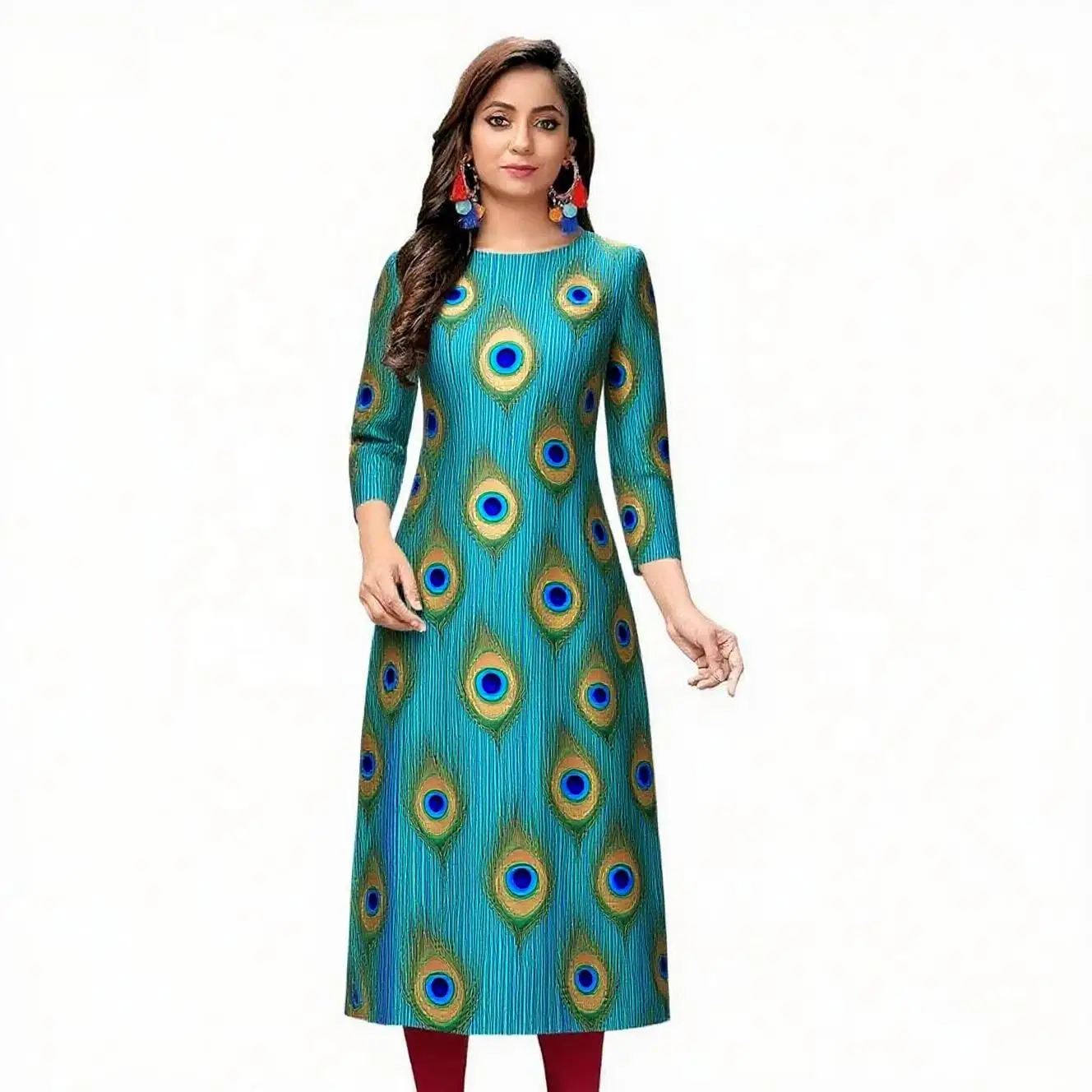 Women's fashionable and comfortable Kurt dress long sleeved straight tube casual ethnic round neck regular size new item