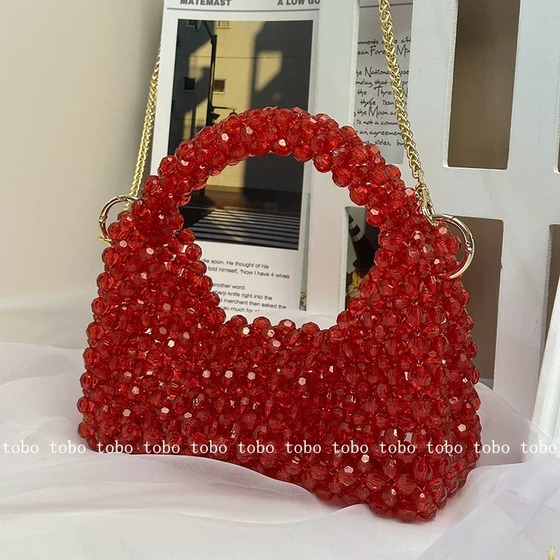 Original Red Half Moon Handbags Homemade Beade Woven Ladies Long Chain Bags Versatile Casual Retro Designer Party Bag