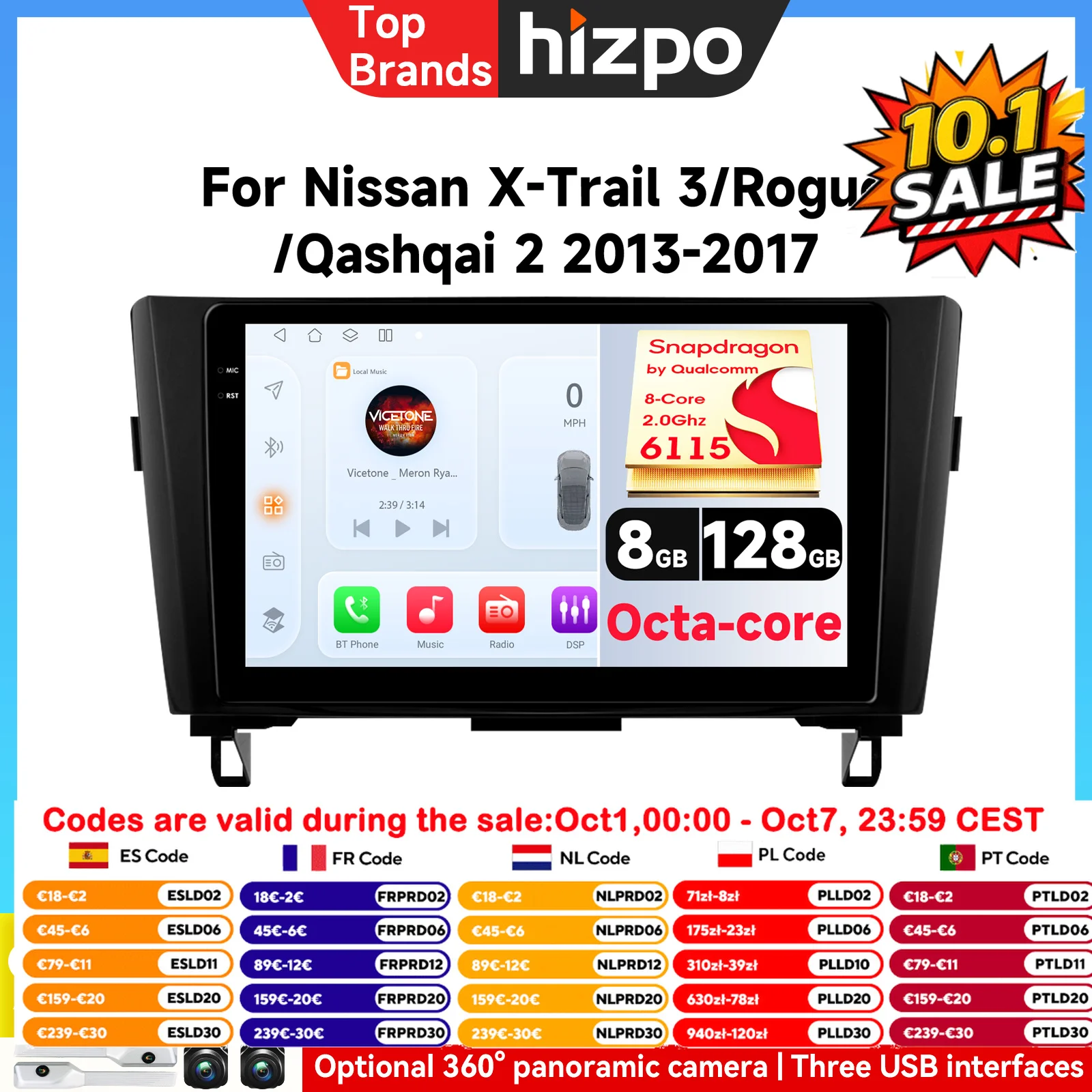 Hizpo Qualcomm 8-Core 360 ° Autoradio con Telecamera Panoramica Wireless CarPlay Android Auto per Nissan Qashqai J11 X-Trail 3 2013 - 2017