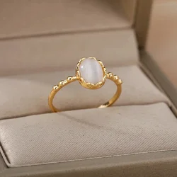 Fashion White Opal Rings For Women Gold Color Stainless Steel Opal Ring Wedding Engagement Aesthetic Jewelry Gift 2024 ﻿