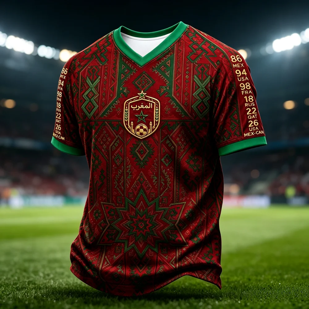 Moroccan National Trend Design Football Jersey for Fans Quick Drying Oversized Classic Style Casual Sports Men Family Kids Tees