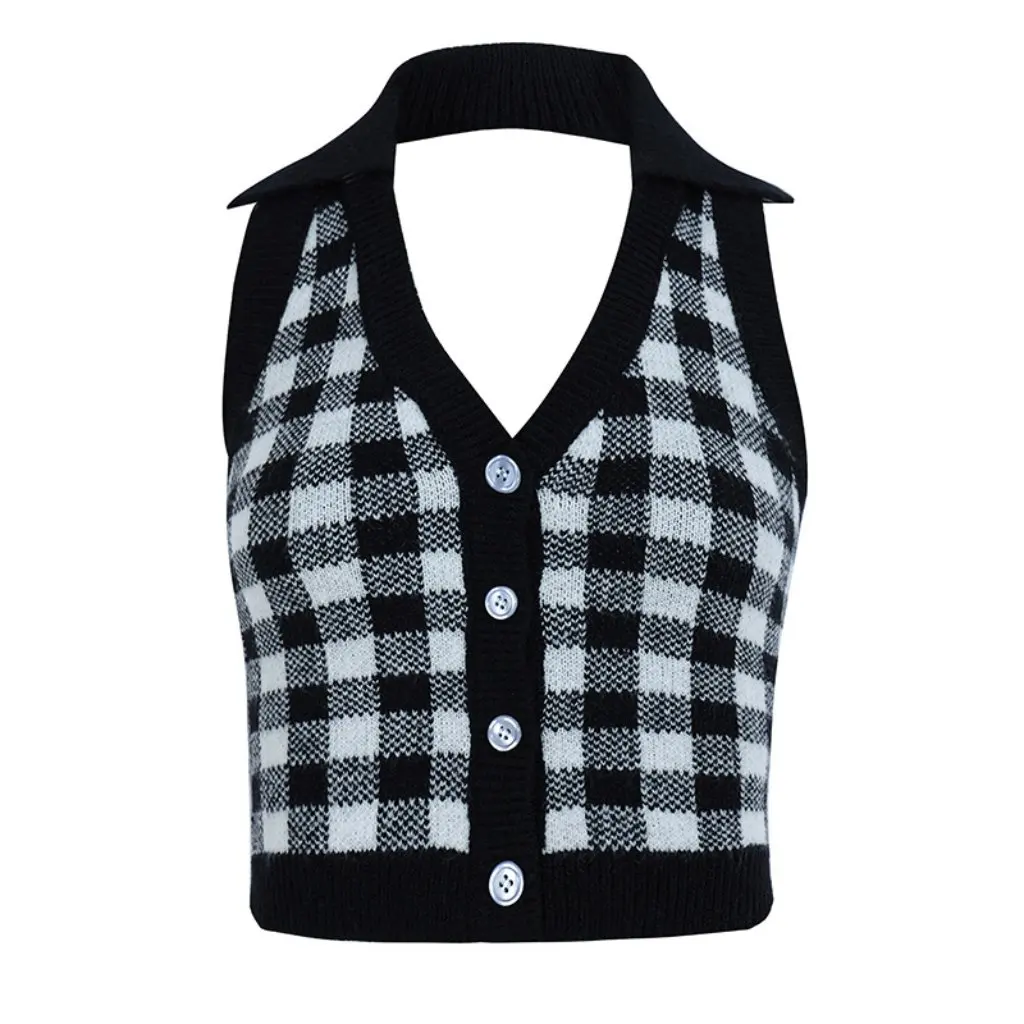 

Summer Street Fashion Halter Deep V-Neck Backless Cardigan Camisole Irregular Pattern Contrast Color Sexy Women's Top