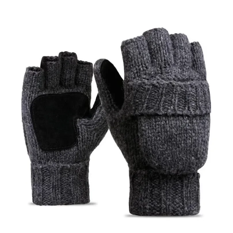 

Winter Warm Exposed Finger Mittens Unisex Plus Thick Male Fingerless Gloves Men Wool Knitted Warm Flip Half Finger Gloves