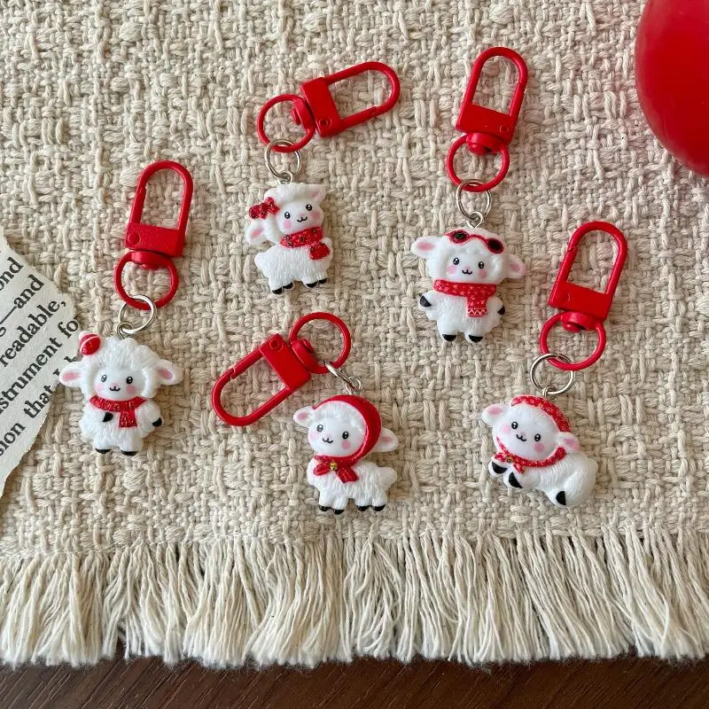 Cute Resin Lamb Red Scarf Keychain Creative Bag Pendant Lightweight Backpack Decoration for Valentine's Day Small Gift