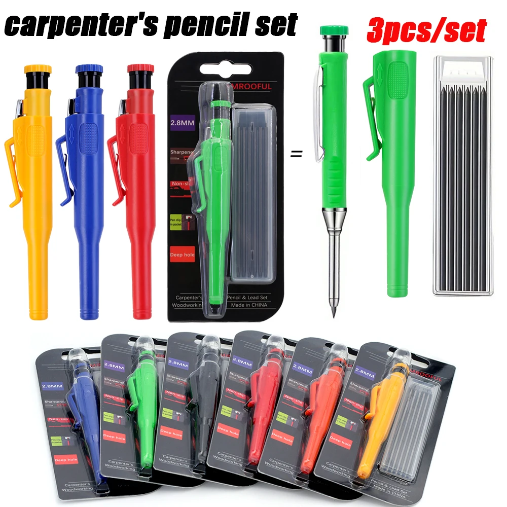 3Pcs/Set Woodworking Mechanical Pencil Card Kit Built In Pencil Sharpener with 1box Lead Long Headed Deep Hole Marking Pencil