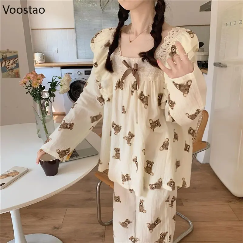 Bonito pijama feminino japonês doce quarto usar rendas babados kawaii urso impressão 2 peça conjunto primavera outono casual pijamas