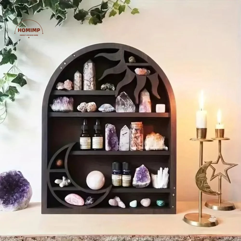 

Wooden Material Wood Storage Shelf Crescent Sun Design Moon Design Wall Shelf Vintage Style Bohemian Style Floating Shelves