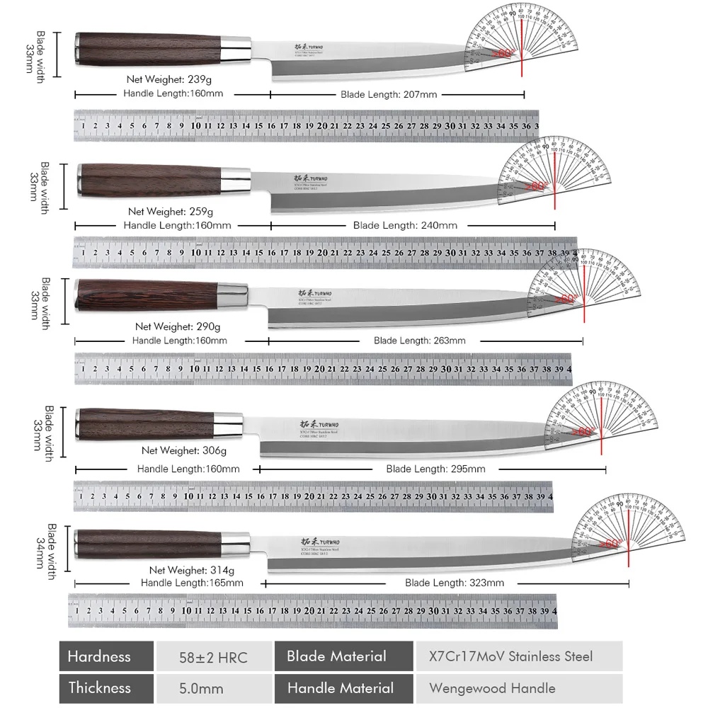 TURWHO Professional Meat Slicer Raw Fish Knife Japanese Salmon Sashimi Knife Cooking Meat Cutting Sharp Sushi Kitchen Chef Knife