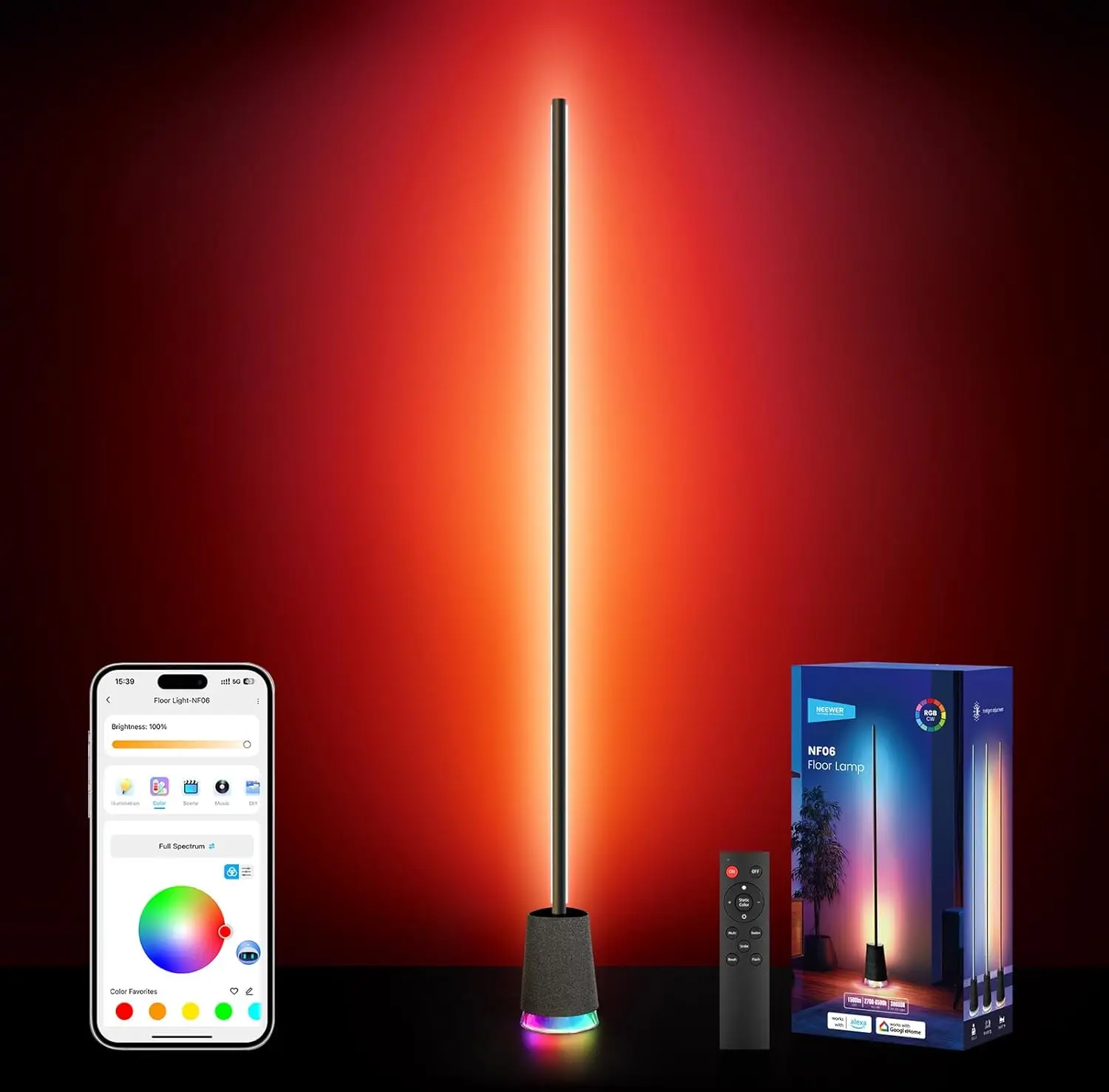 NEEWER NF06 Smart LED Floor Lamp, 1500lm RGBCW Standing Corner Light for Google Assistant Alexa, APP/AI Design/Music Sync