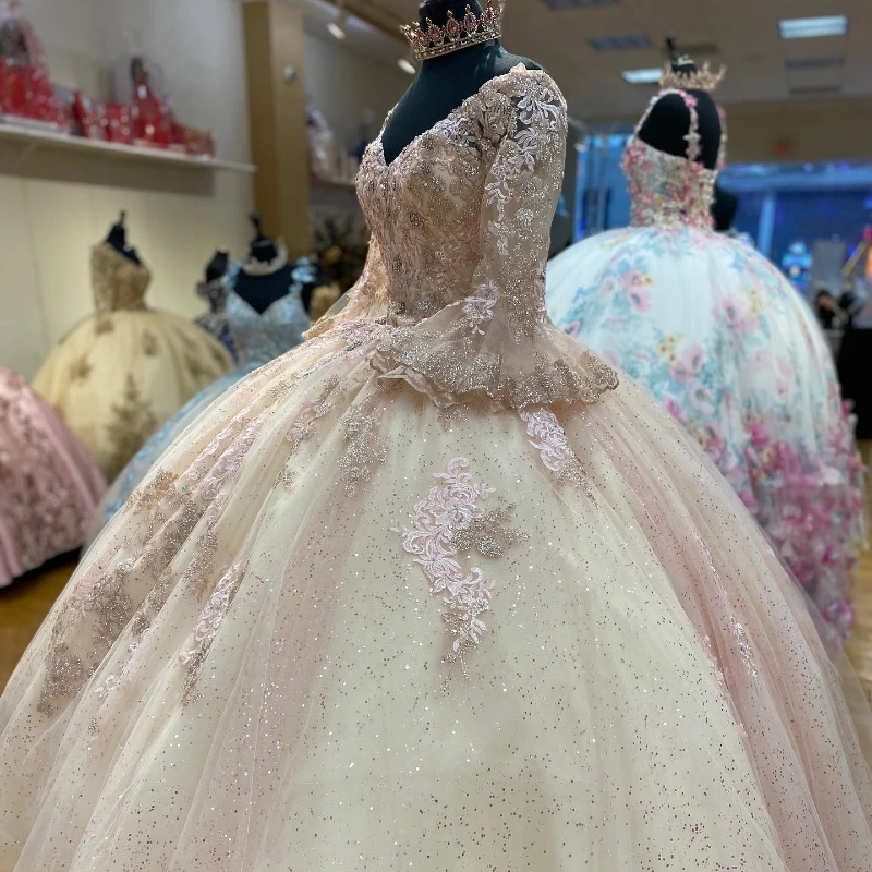 Lorencia-vestido De Quinceañera De cristal con lentejuelas y purpurina, corsé De manga larga hinchado, apliques De cuentas, color champán, años XV, YQD317