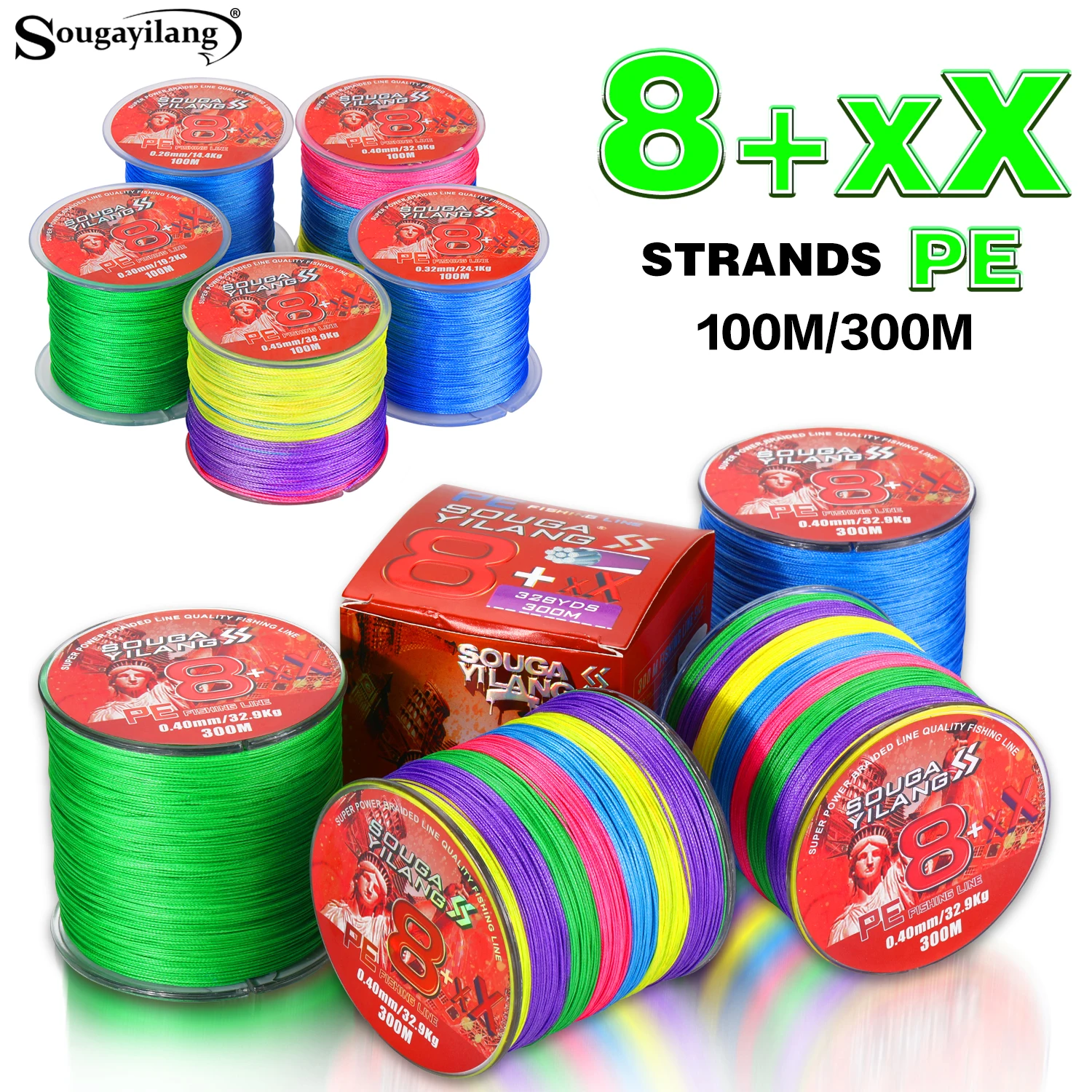 Sougayilang 8-geflochtene 100/300 m PE-Angelschnur, glatt, langlebig, Multifilament, 9–38 kg Schnur zum Angeln im Süß- und Salzwasser