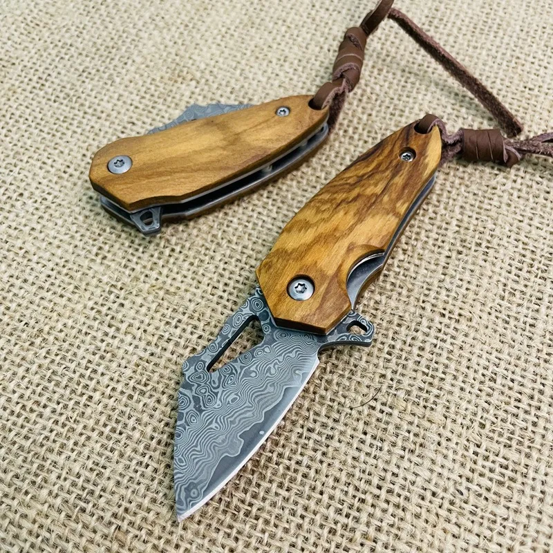 High Hardness Mini Folding Knife Pattern-Welded Steel Blade Portable EDC Tool for Camping Fruit Cutting and Outdoor Tasks