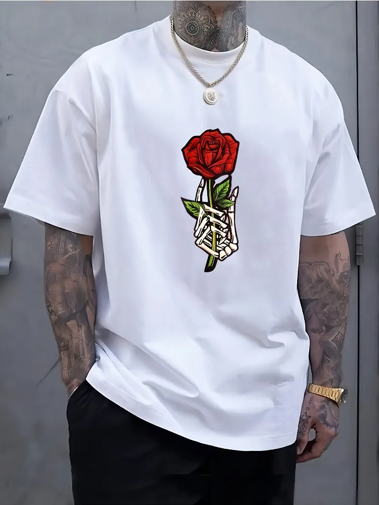 Men Summer Cotton Short Sleeve T Shirt Skeleton Hand Holding Red Rose Print Crew Neck Goth Retro Street Casual Male Tee