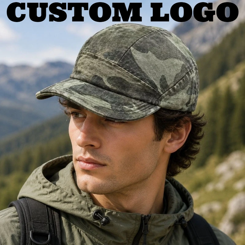 Custom Print Embroidered Logo Retro Camouflage Five Panel Hiking Sports Hat for Men and Women Sun Visor Breathable Baseball Cap