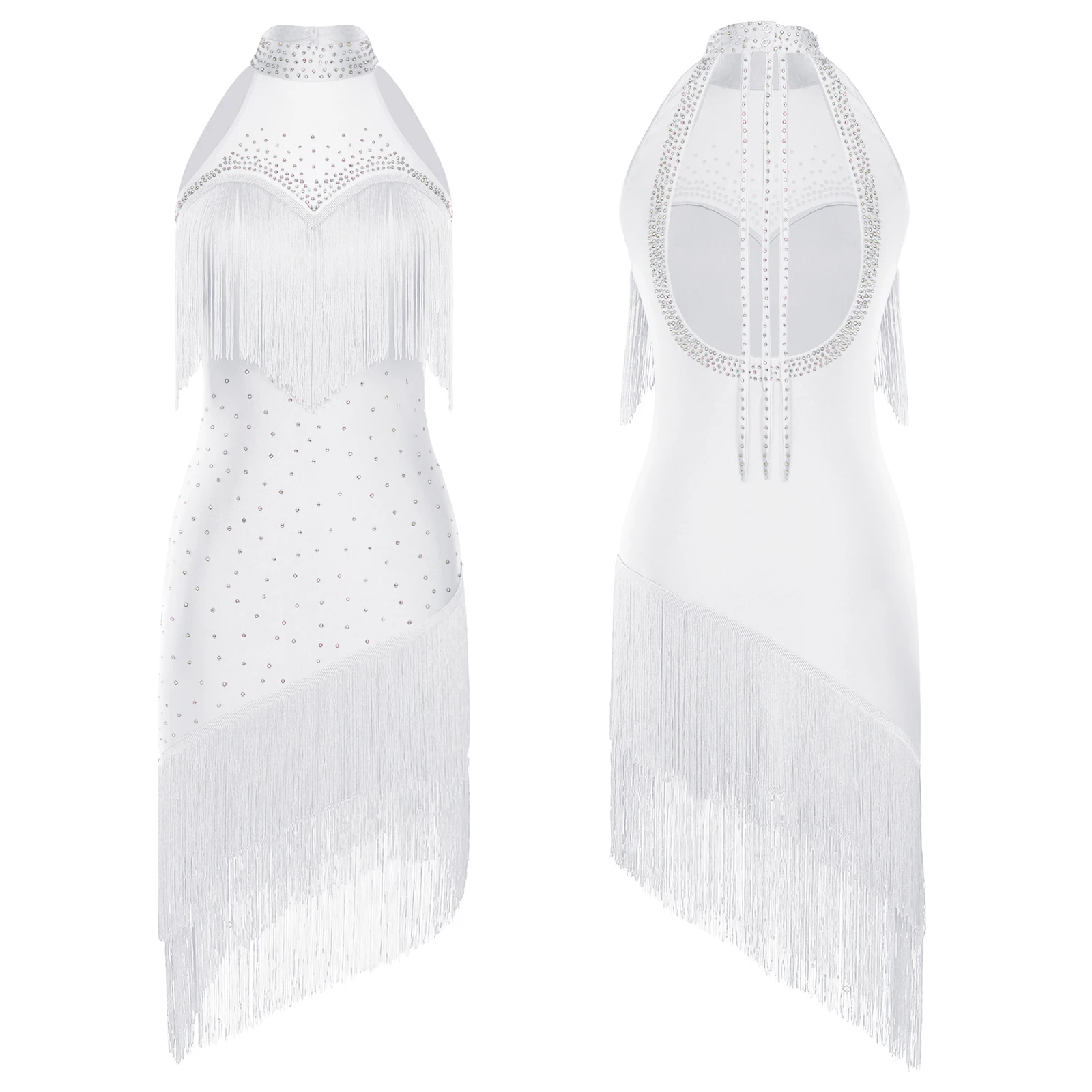 Glamorous Latin Dance Dress Womens Rhinestone Fringe Belly Dance Costume Backless Tango Rumba Latin Ballet Performance Outfit