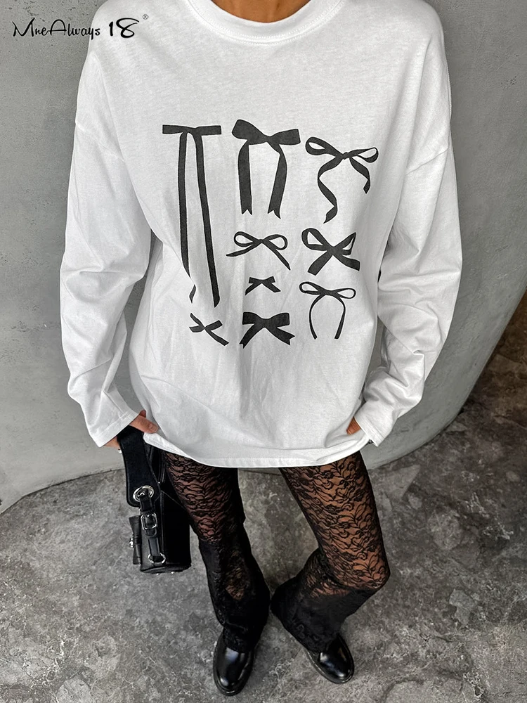 Mnealways18 Printing Bowknot Loose Oversize White Knitwear Tops Women'S O-Neck Long Sleeves Tees Street Style Lady Sweet T-Shirt