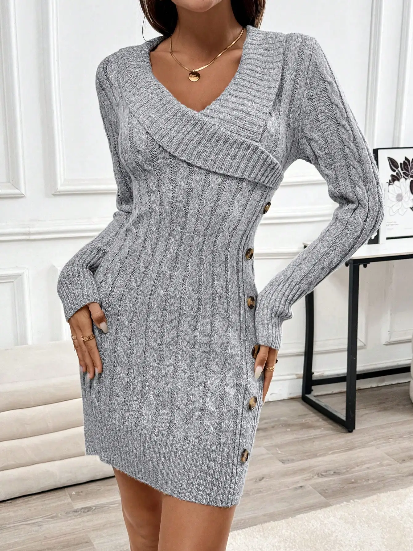 Xyvia Collared Knitted Long Sleeve Comfy Sweater Dress Fall Winter Cloth For Women