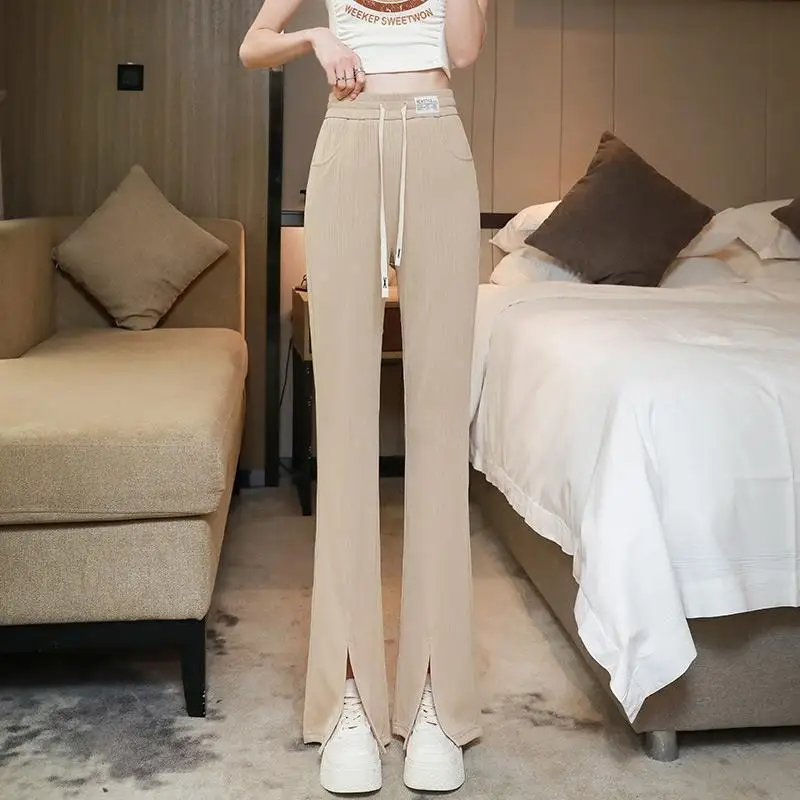 Ice Silk Split Women's Summer 2024 New Spliced Elasticized High-waisted Pocket Drawstring Fashion Solid Slim Casual Flare Pants