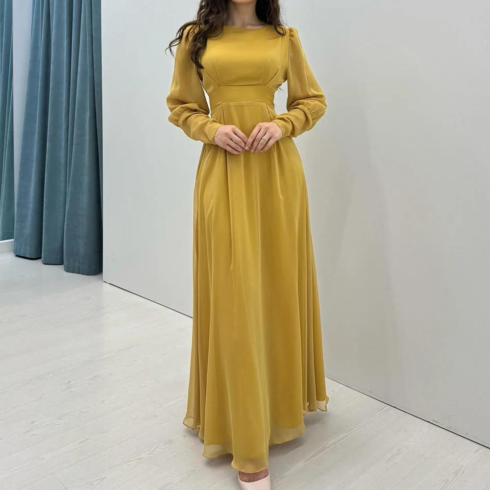 

Customized A-Line Evening Gown Ankle-Length O-Neck Full Sleeve Prom Gown Fashion Button Simple Draped Casual Party Gown